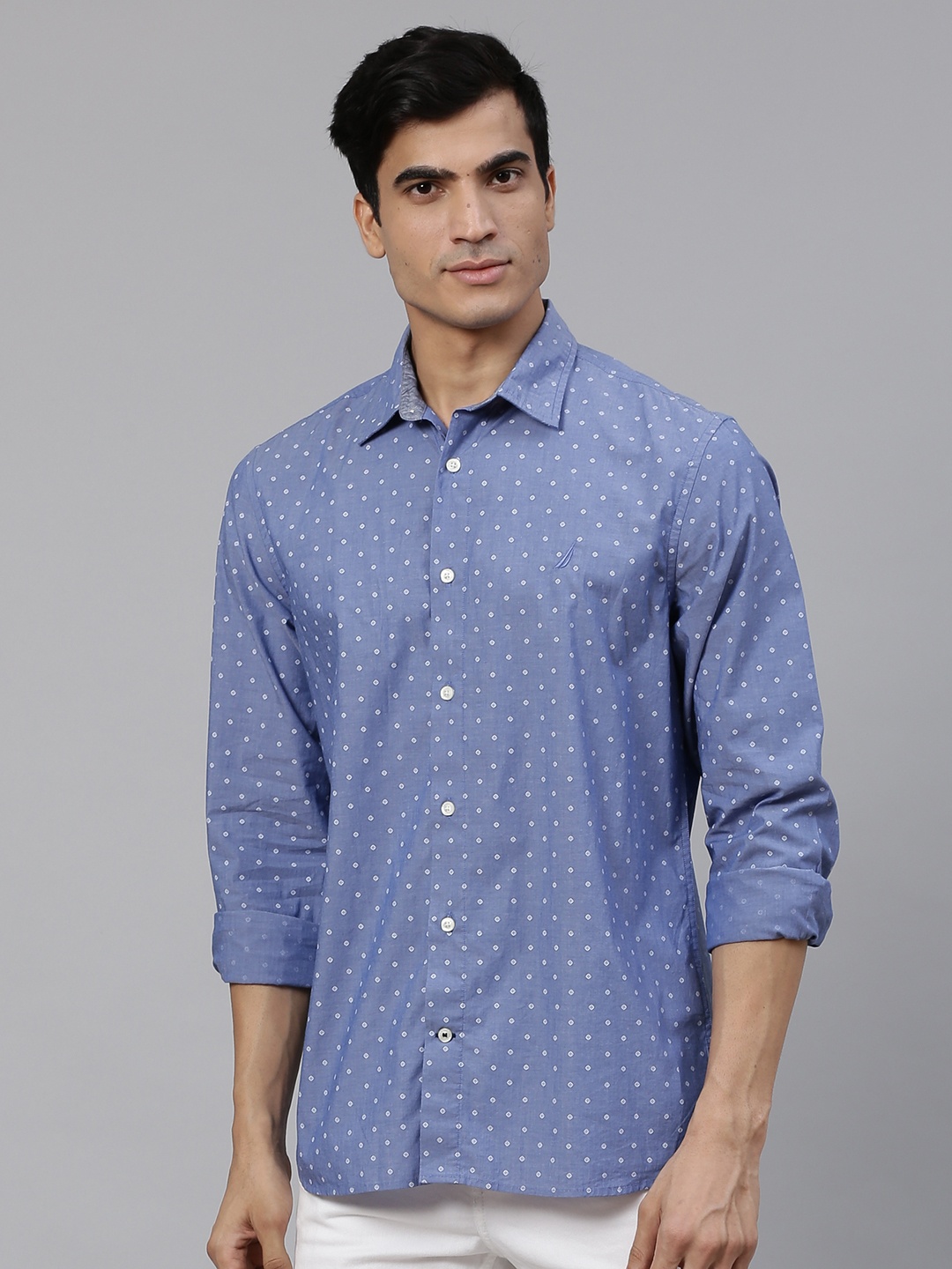 

Nautica Men Blue & White Slim Fit Knitted Printed Casual Shirt