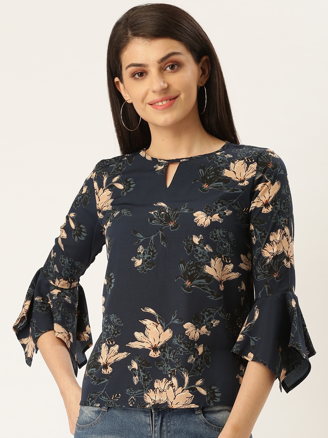 

Style Quotient Women Teal Blue & Beige Floral Printed Top