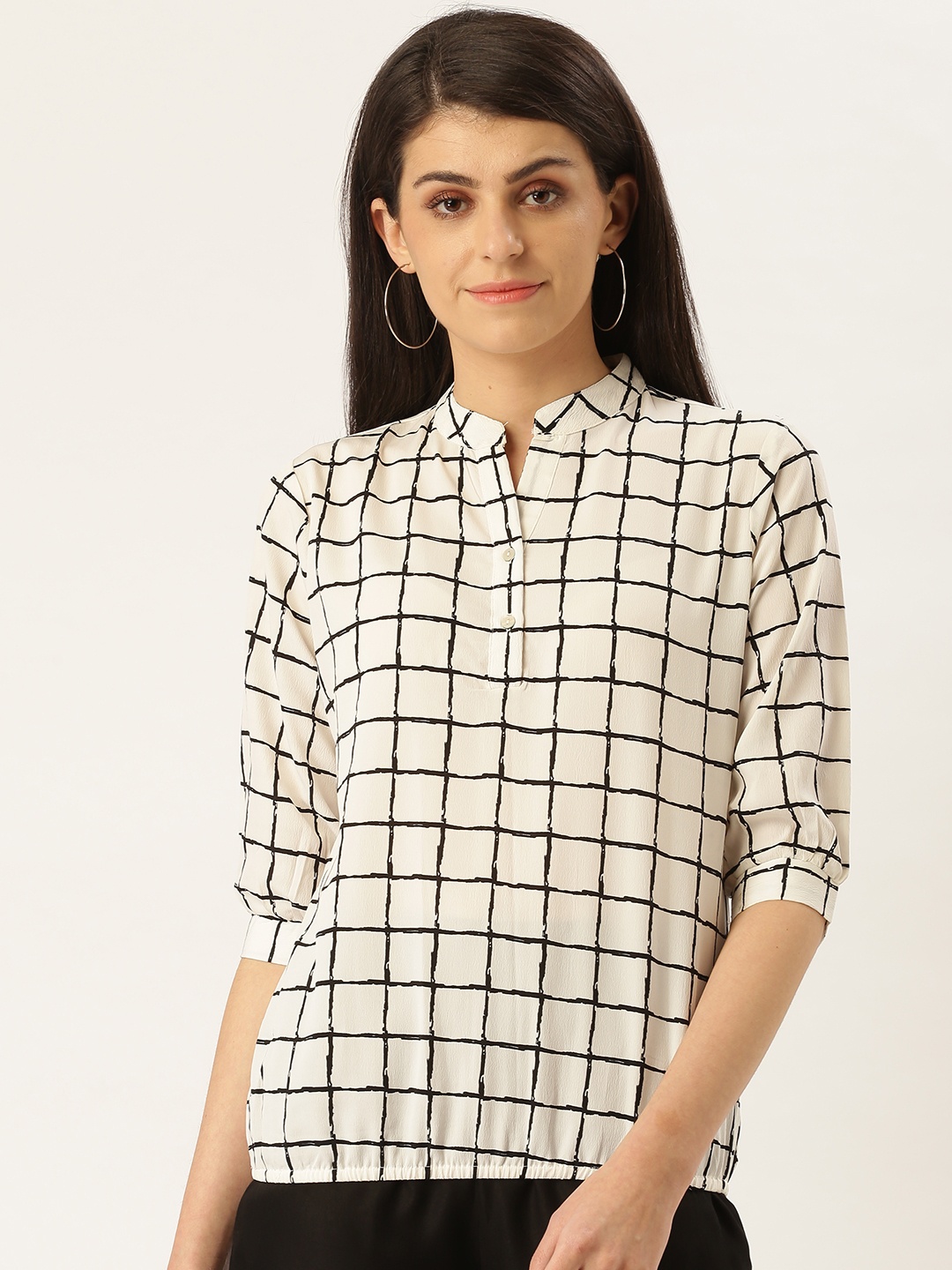 

Style Quotient Women White & Black Checked Blouson Top