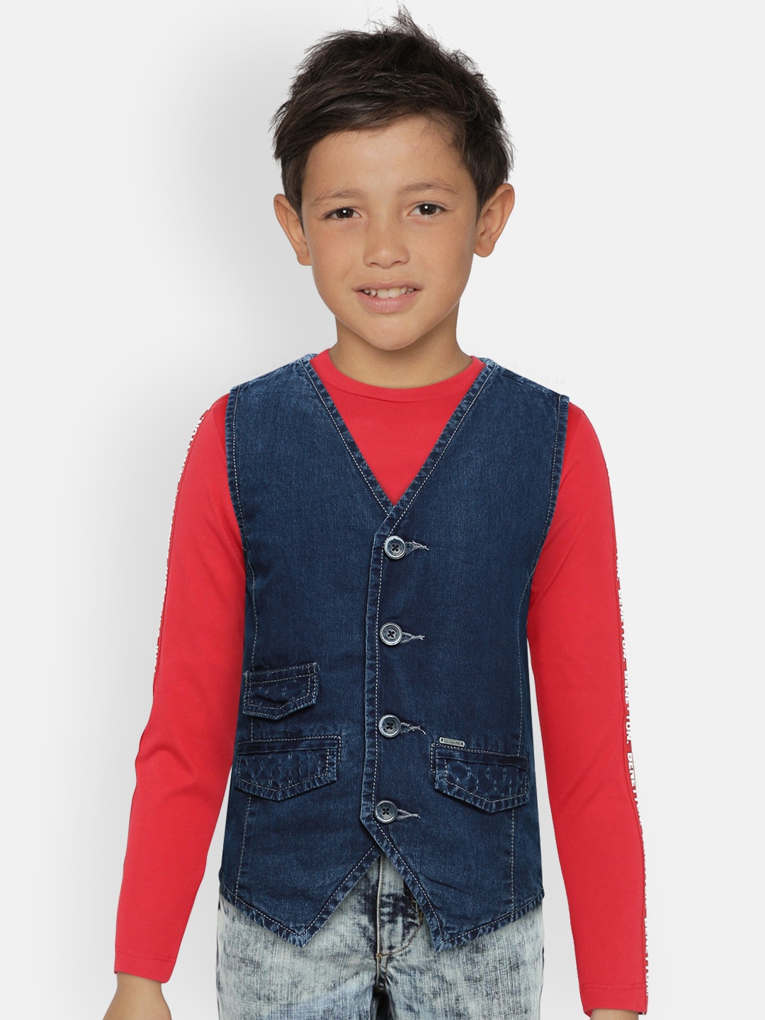 

Lee Cooper Boys Navy Blue Solid Pure Cotton Denim Waistcoat