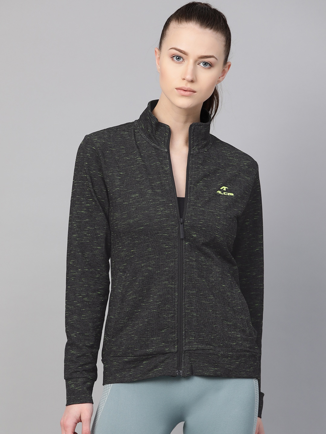 

Alcis Women Black & Green Self-Design Sweatshirt