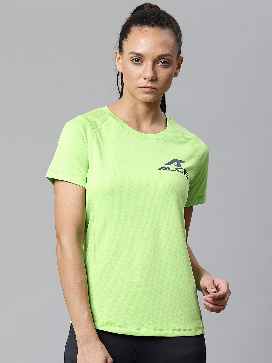 

Alcis Women Fluorescent Green & Navy Blue Printed Back Round Neck T-shirt