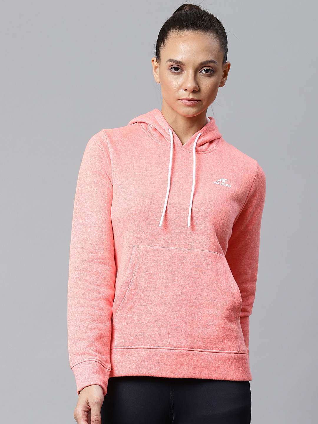 

Alcis Women Coral Pink Solid Hooded Sweatshirt