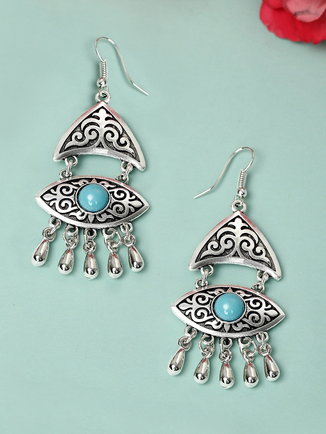 

Rubans Silver-Toned & Blue Oxidised Classic Drop Earrings