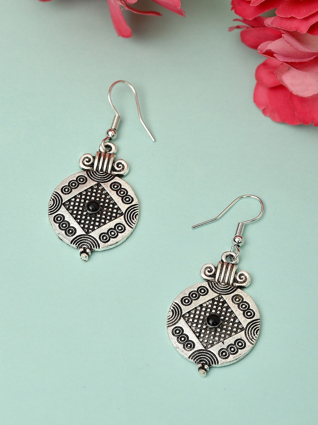 

Rubans Silver-Toned & Black Oxidised Classic Drop Earrings