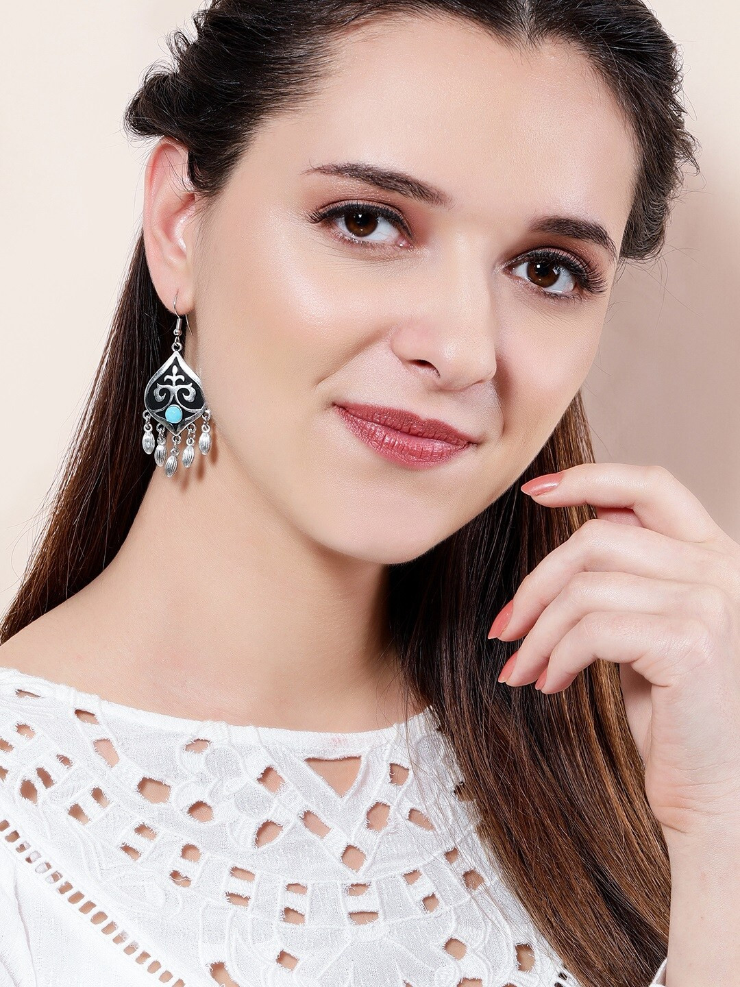 

Rubans Silver-Toned & Blue Oxidised Enamellled Classic Drop Earrings