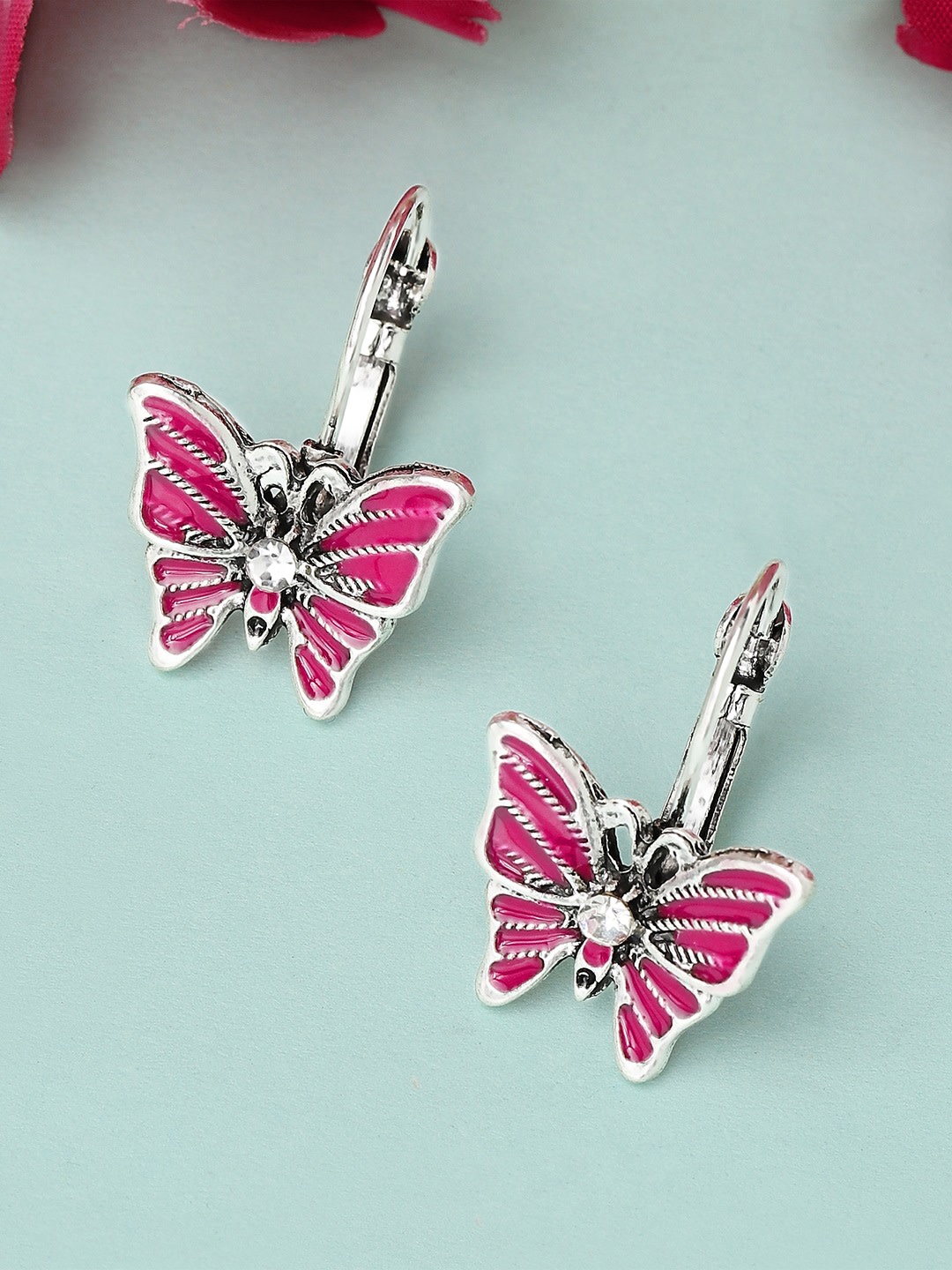 

Rubans Silver-Toned & Pink Oxidised Quirky Drop Earrings