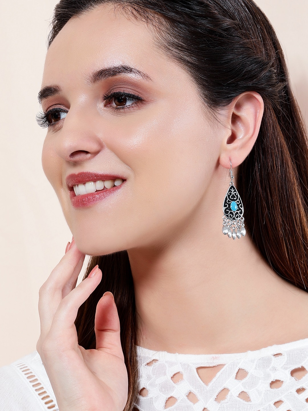 

Rubans Silver-Toned & Blue Oxidised Enamellled Classic Drop Earrings