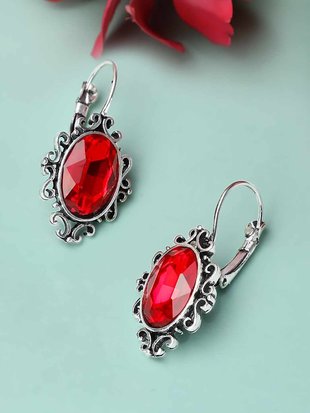 

Rubans Silver-Toned & Red Oxidised Classic Drop Earrings
