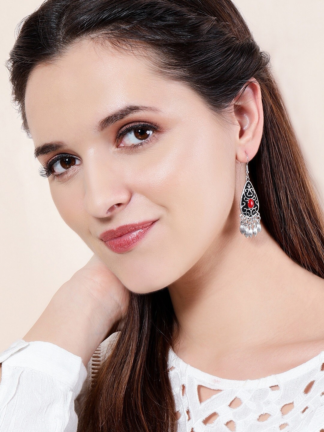

Rubans Silver-Toned & Red Classic Drop Earrings