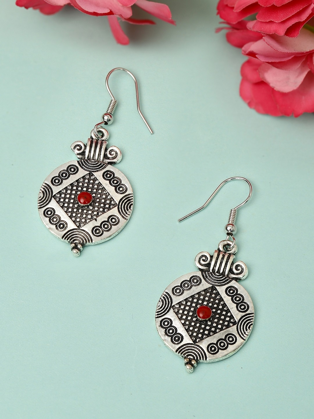 

Rubans Silver-Toned & Red Classic Drop Earrings