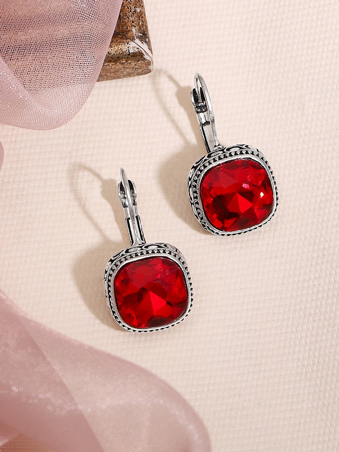 

Rubans Silver-Toned & Red Square Drop Earrings