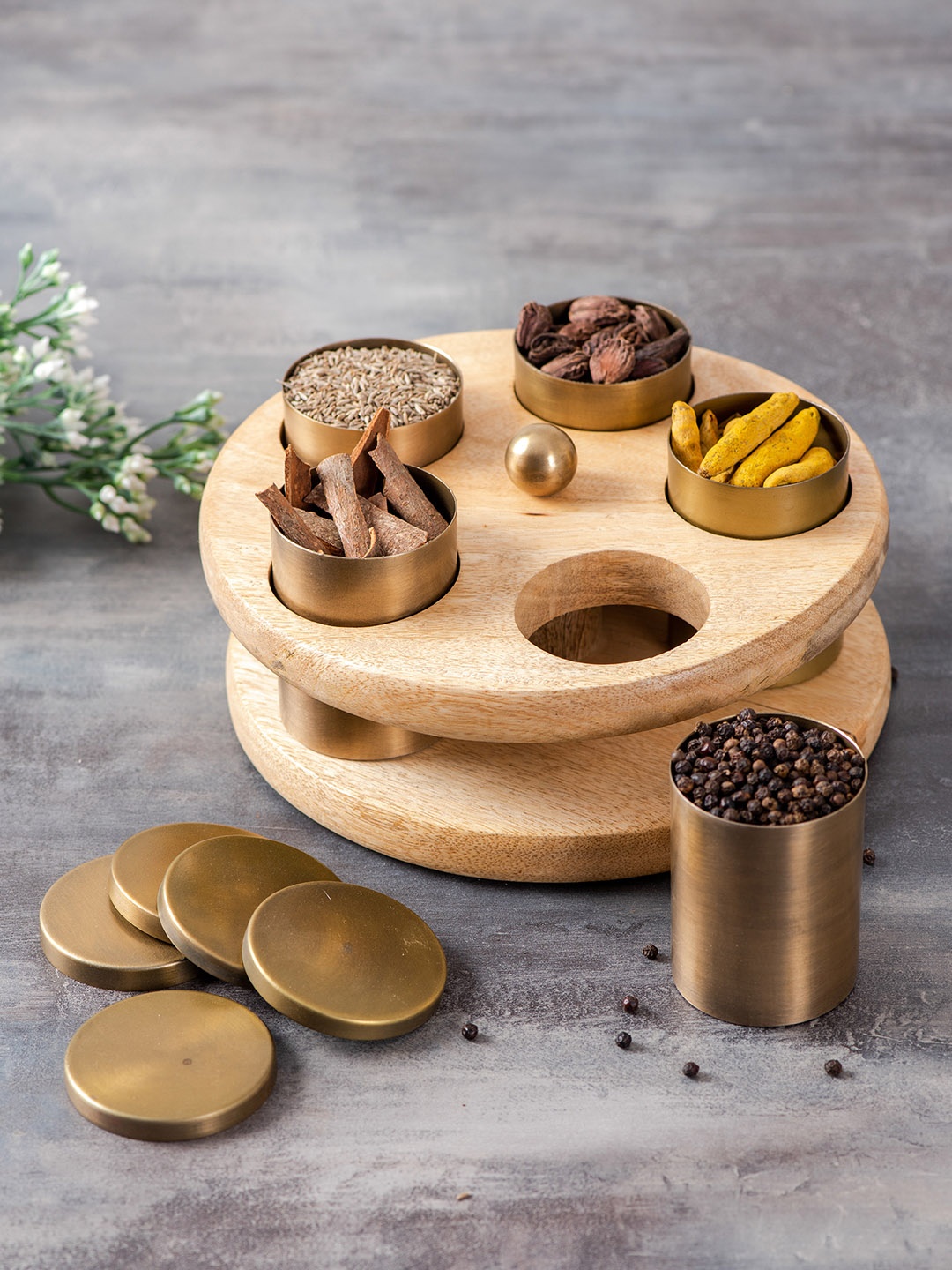 

nestroots Brown Solid Mango Wood Spice Jar Container With Lid