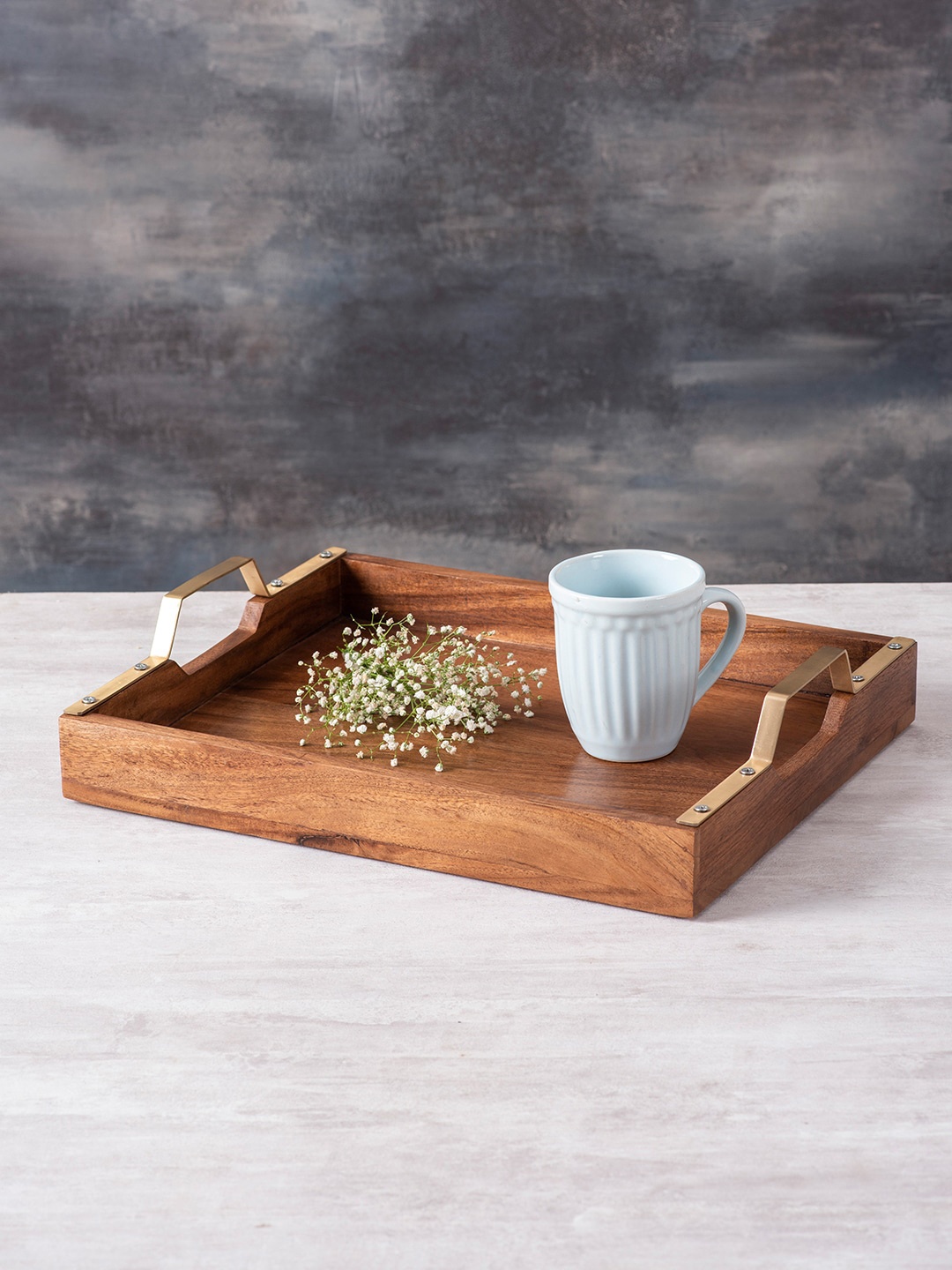 

nestroots Brown Teak Wood Gold-Toned Serving Tray with Brass Handle