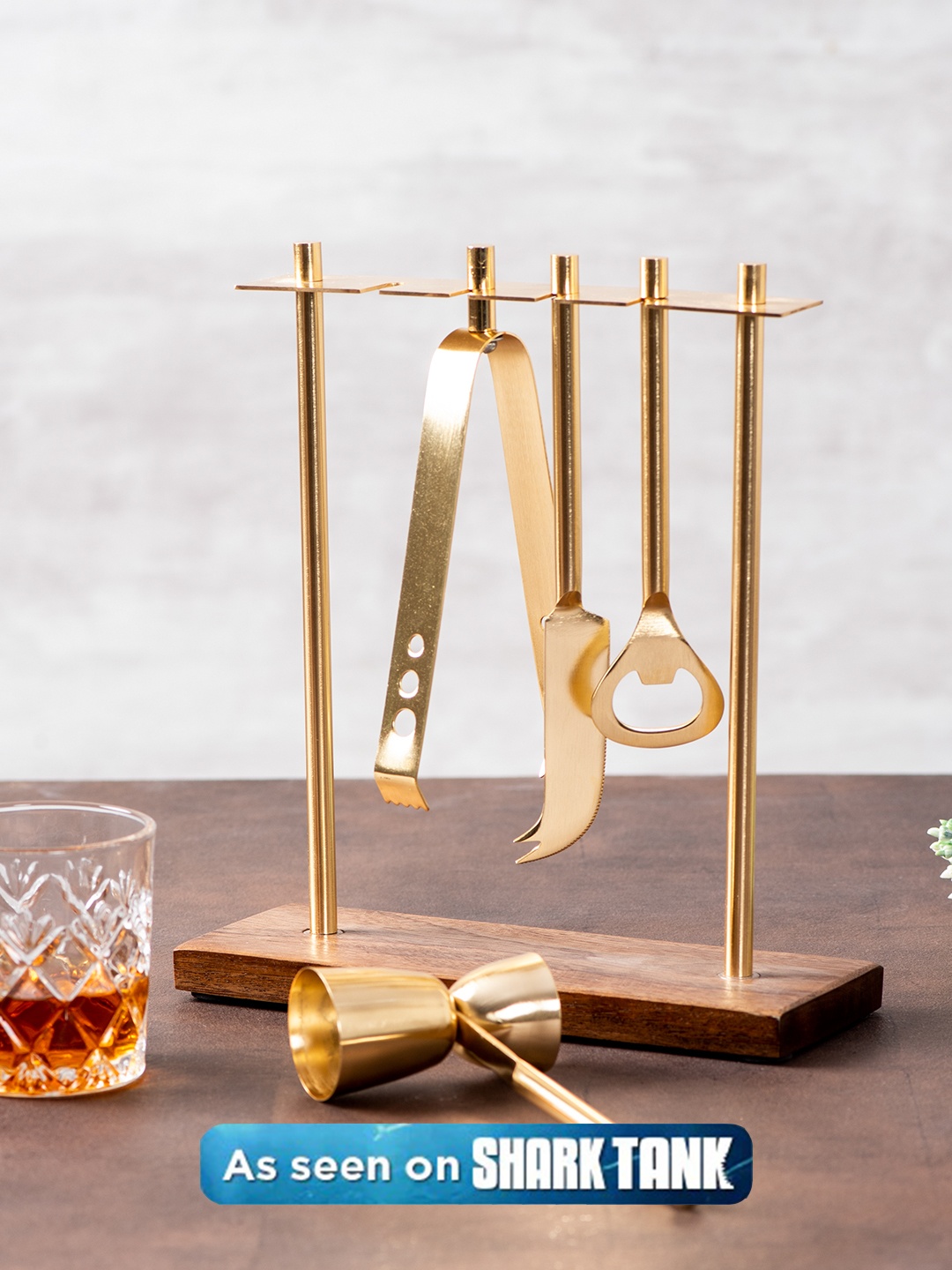 

nestroots Brown & Gold-Toned Stainless Steel Bar Tool Set With Wooden Stand