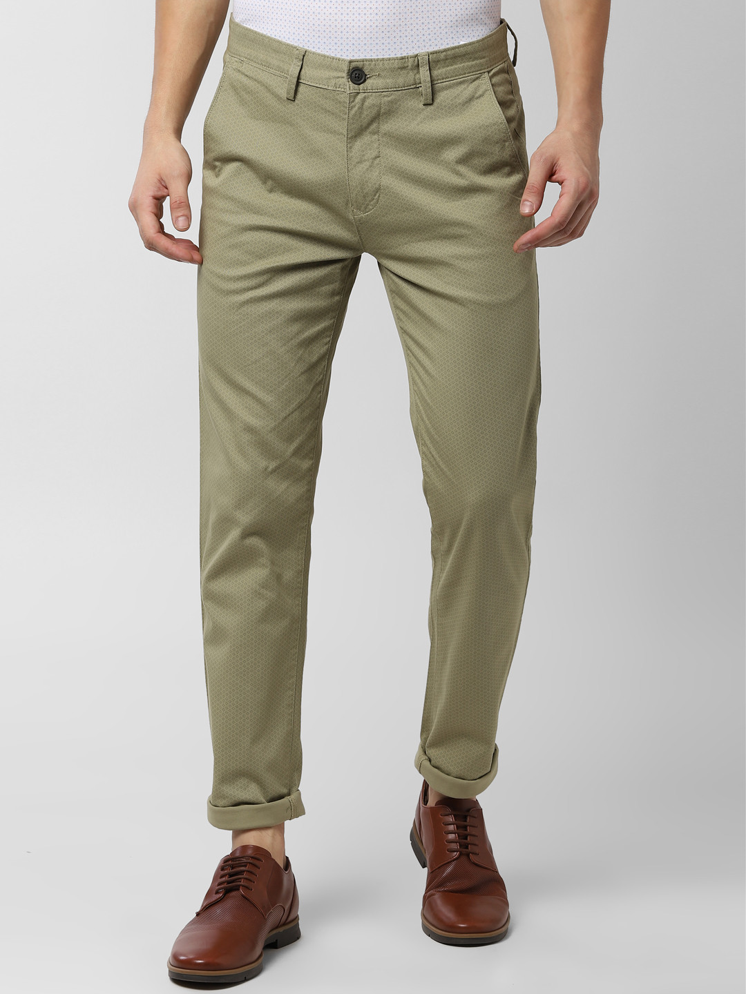 

Peter England Men Olive Green Slim Fit Printed Regular Trousers