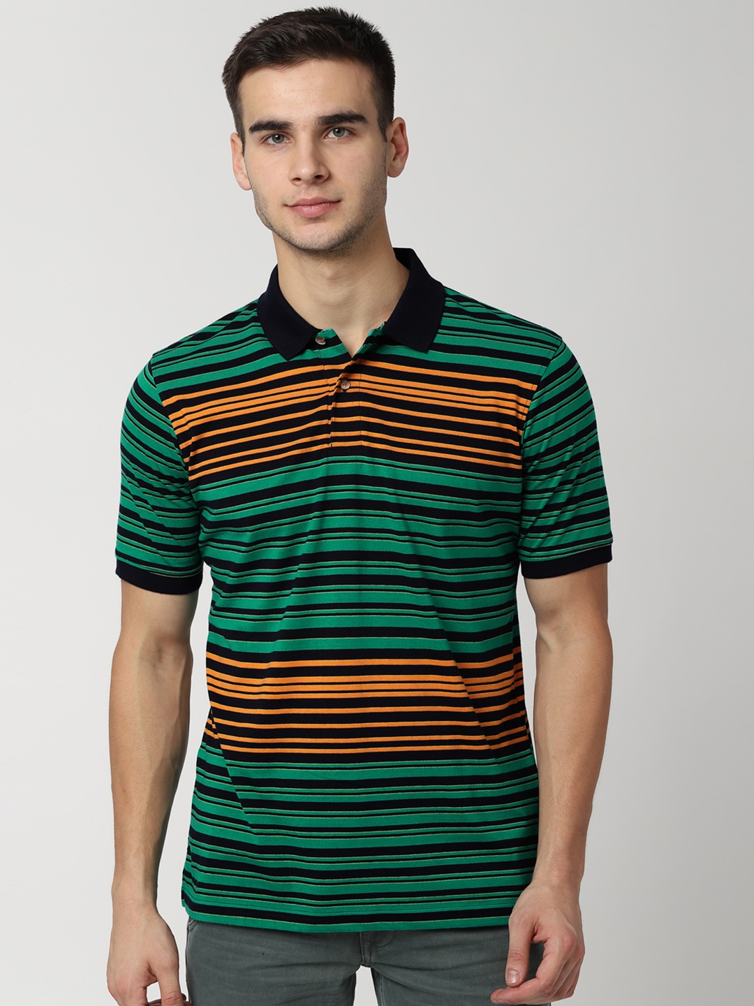 

Peter England Men Green & Black Striped Polo Collar T-shirt