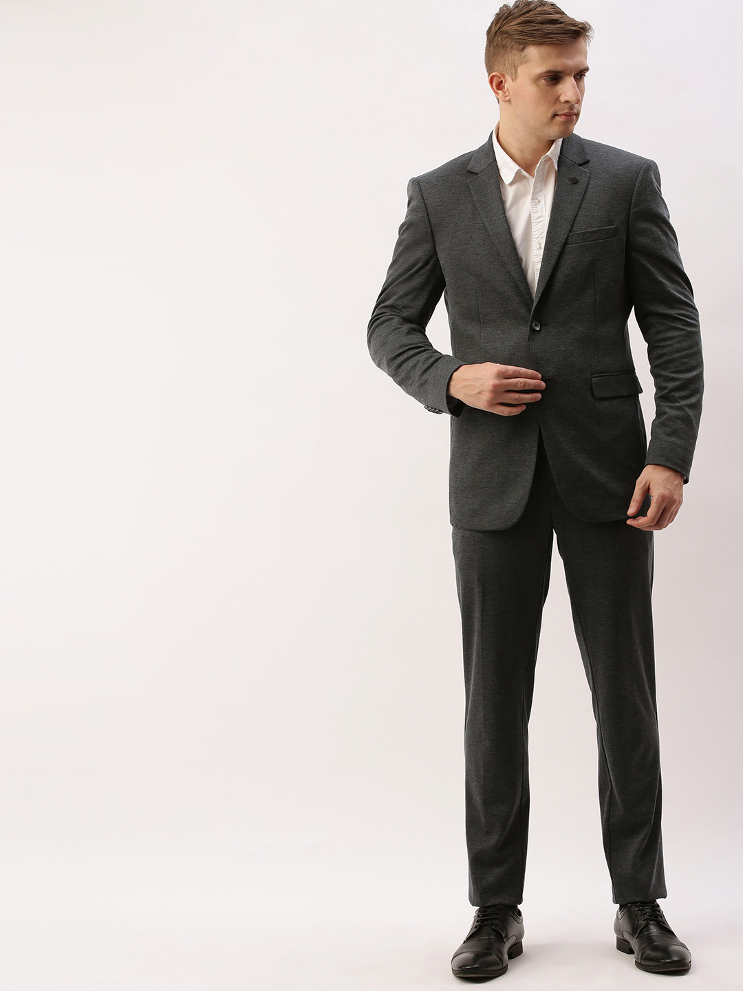 

Peter England Men Charcoal Black Self-Design Slim Fit Single Breasted Formal Suit