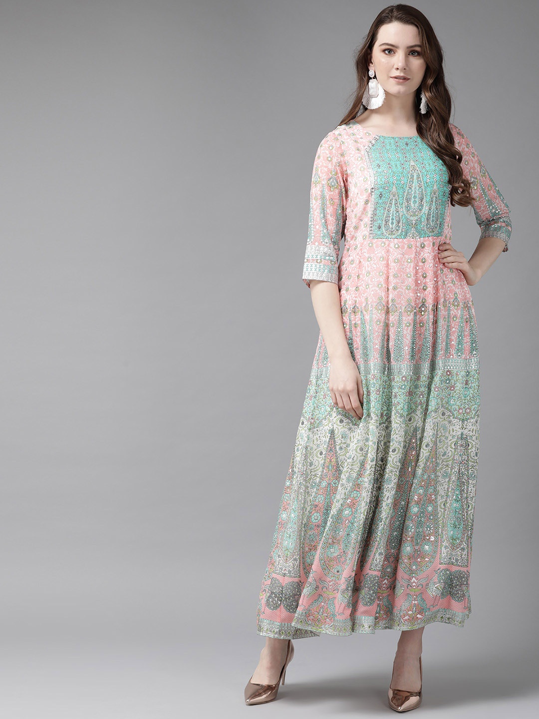 

Juniper Women Pink & Green Printed Maxi Dress