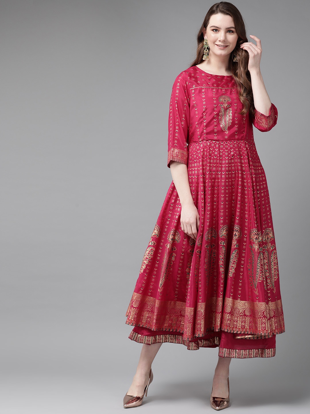 

Juniper Women Magenta & Golden Layered Foil Print Maxi Dress, Pink
