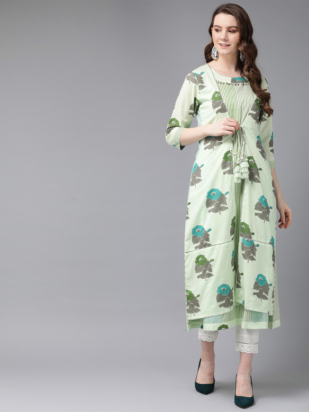 

Juniper Women Green & Grey Printed Layered A-Line Kurta