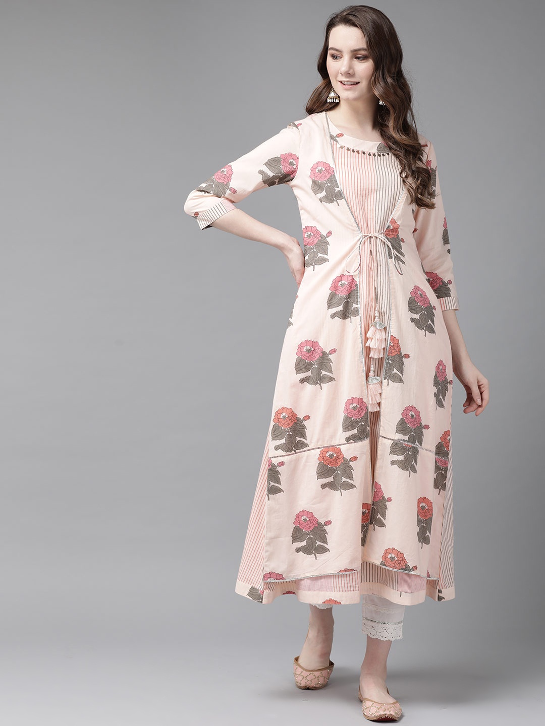 

Juniper Women Peach-Coloured & Grey Layered Printed A-Line Kurta