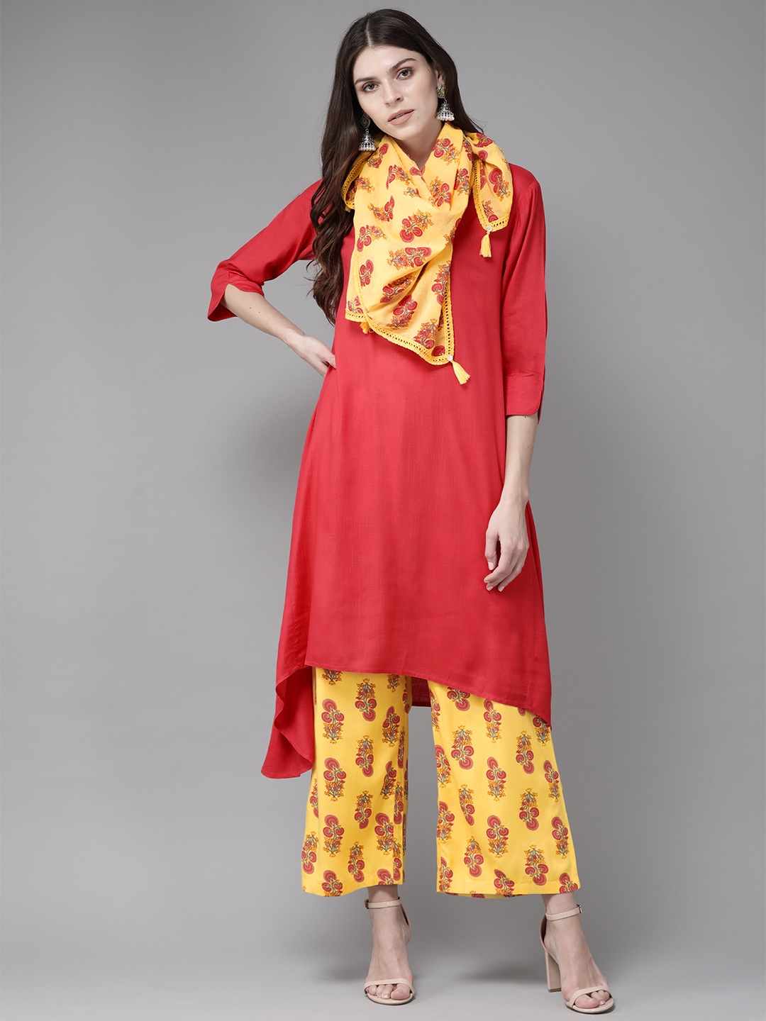 Juniper Women Coral Red & Yellow Solid Kurta with Palazzos & Stole