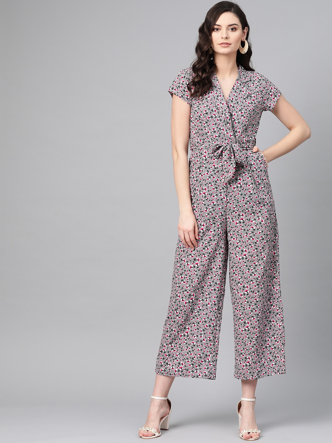 

The Vanca Women Grey & Pink Printed Basic Jumpsuit