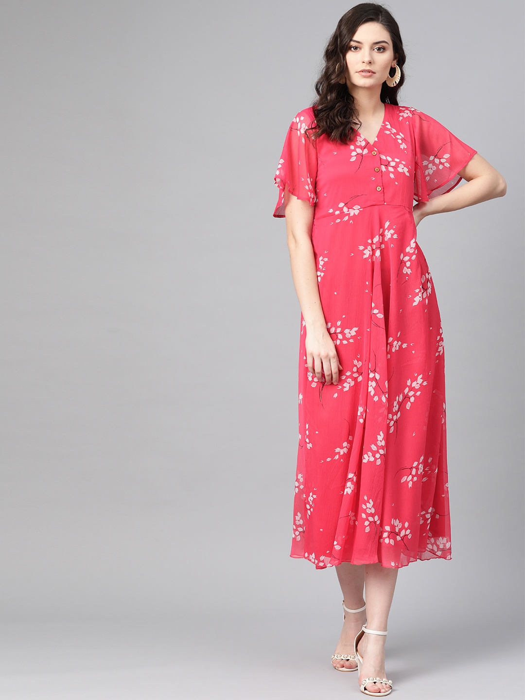 

The Vanca Women Fuchsia Pink & White Floral Print Midi A-Line Dress