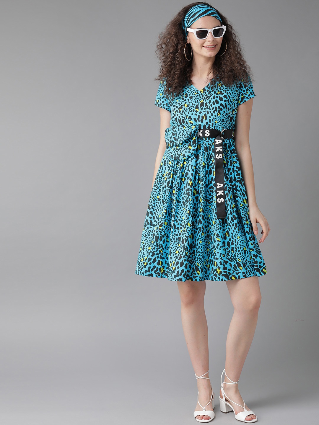 

AKS Women Blue & Black Leopard Print A-Line Dress with Pouch