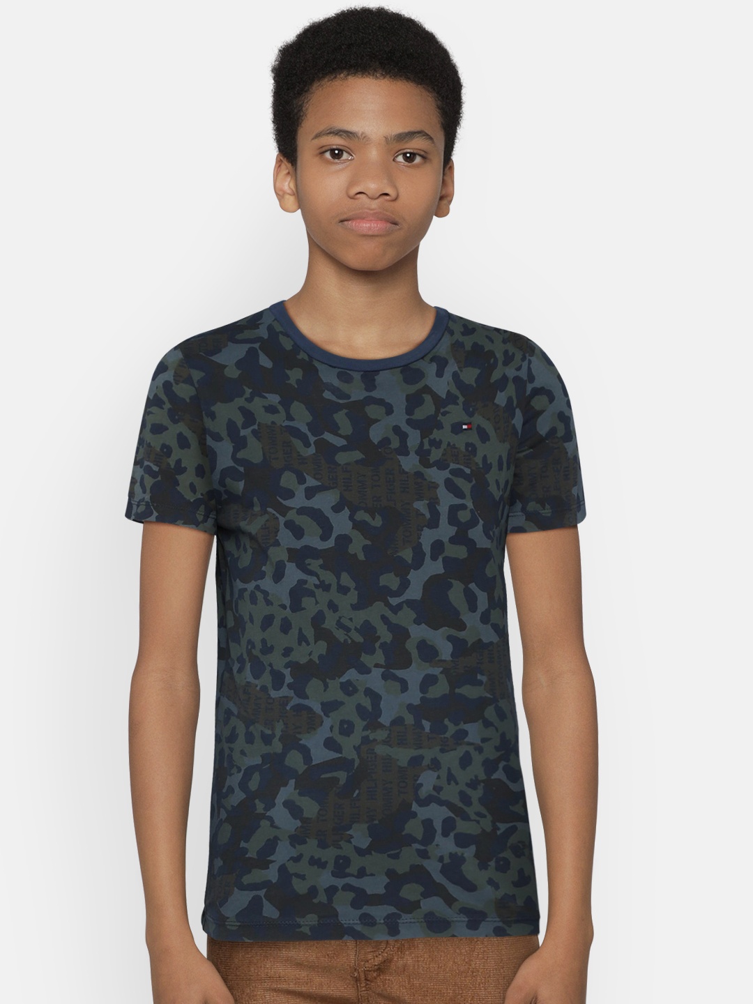 

Tommy Hilfiger Boys Navy Blue & Olive Green Camouflage Printed Round Neck T-shirt