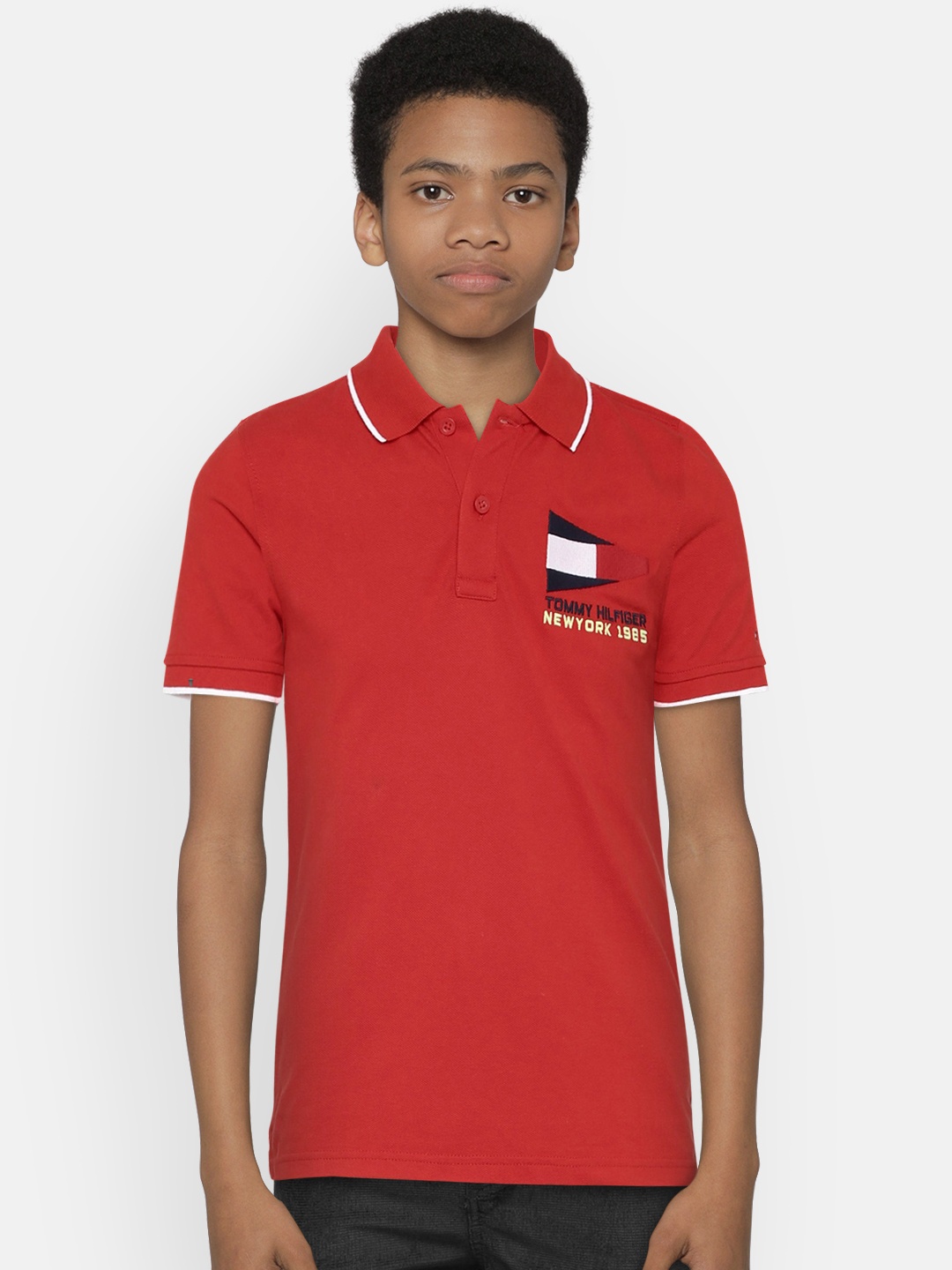 

Tommy Hilfiger Boys Red Solid Polo Collar T-shirt