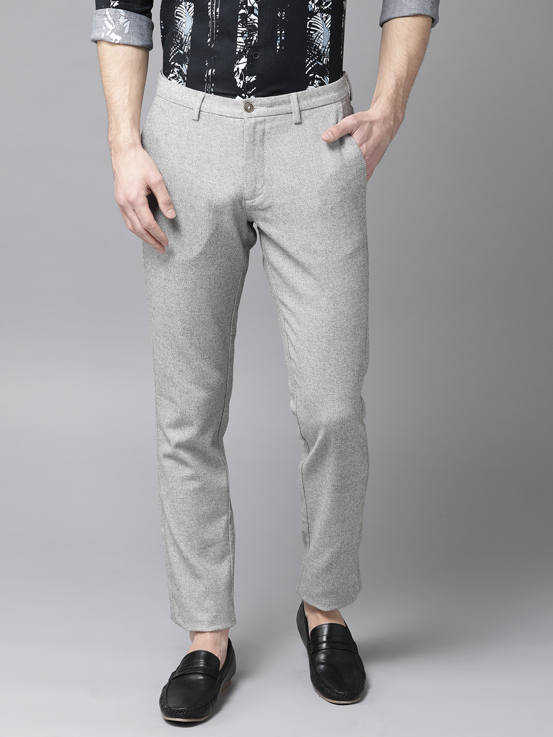 

Blackberrys Men Grey Roger Slim Fit Self Design Regular Trousers