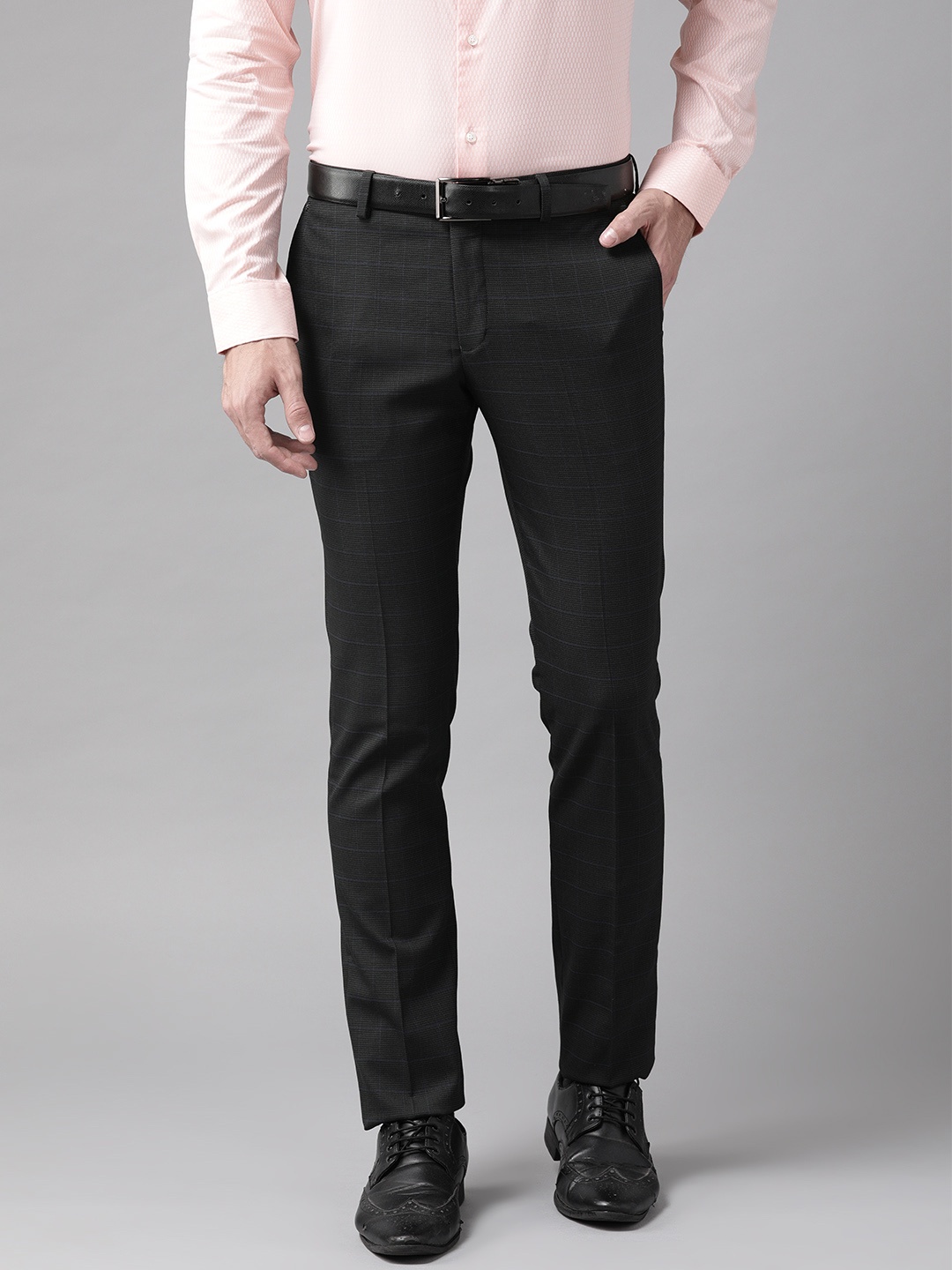 

Blackberrys Men Black & Navy Blue Sharp Fit Checked Formal Trousers