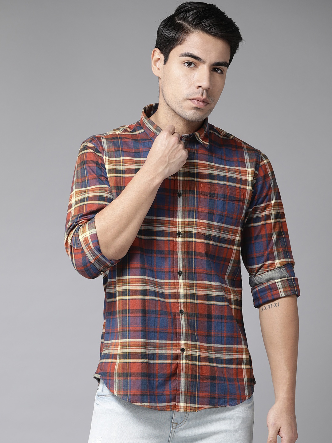 

Blackberrys Men Blue & Rust Red Slim Fit Checked Casual Shirt