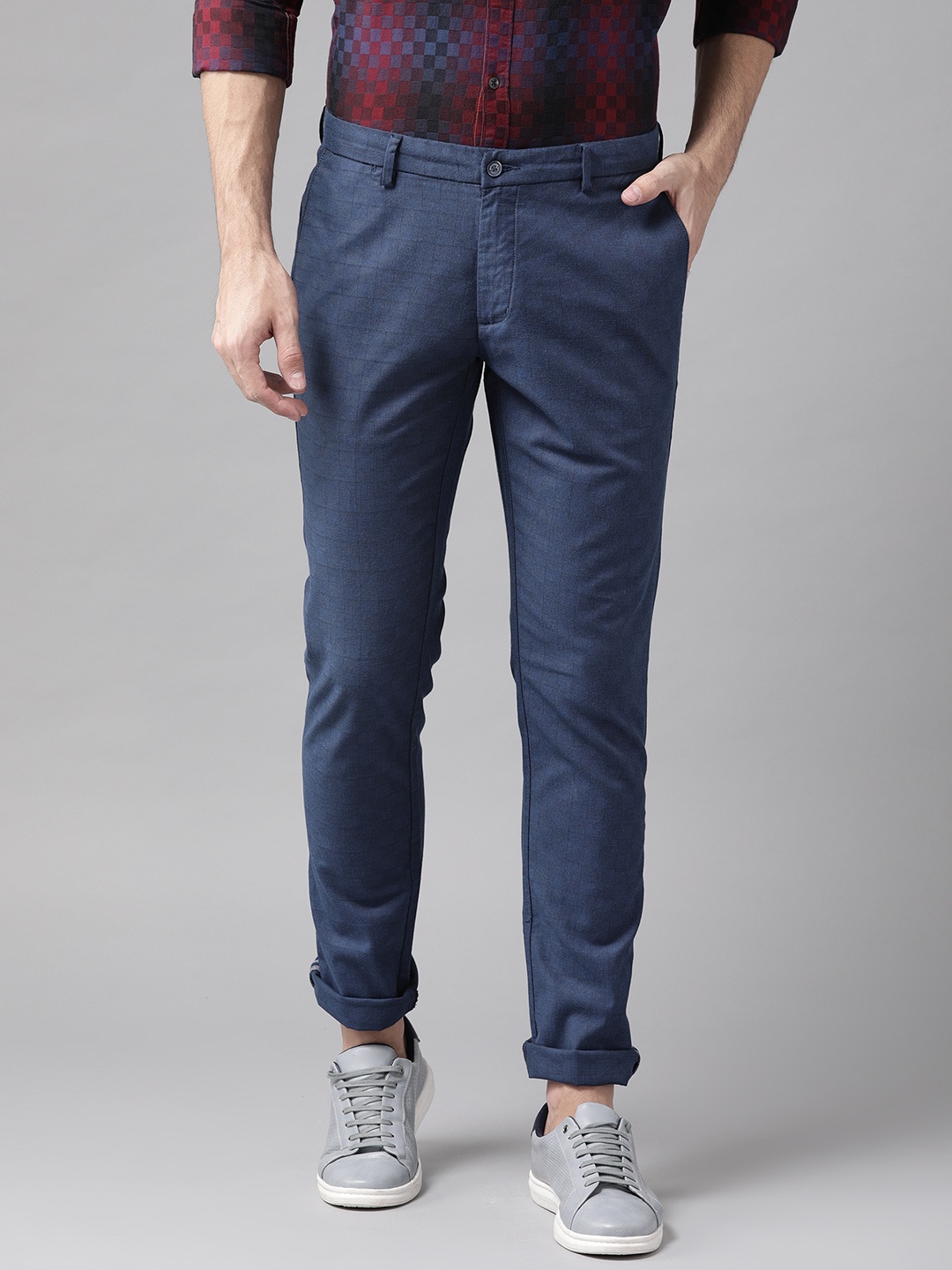 

Blackberrys Men Navy Blue Sharp Regular Fit Self-Checked Trousers