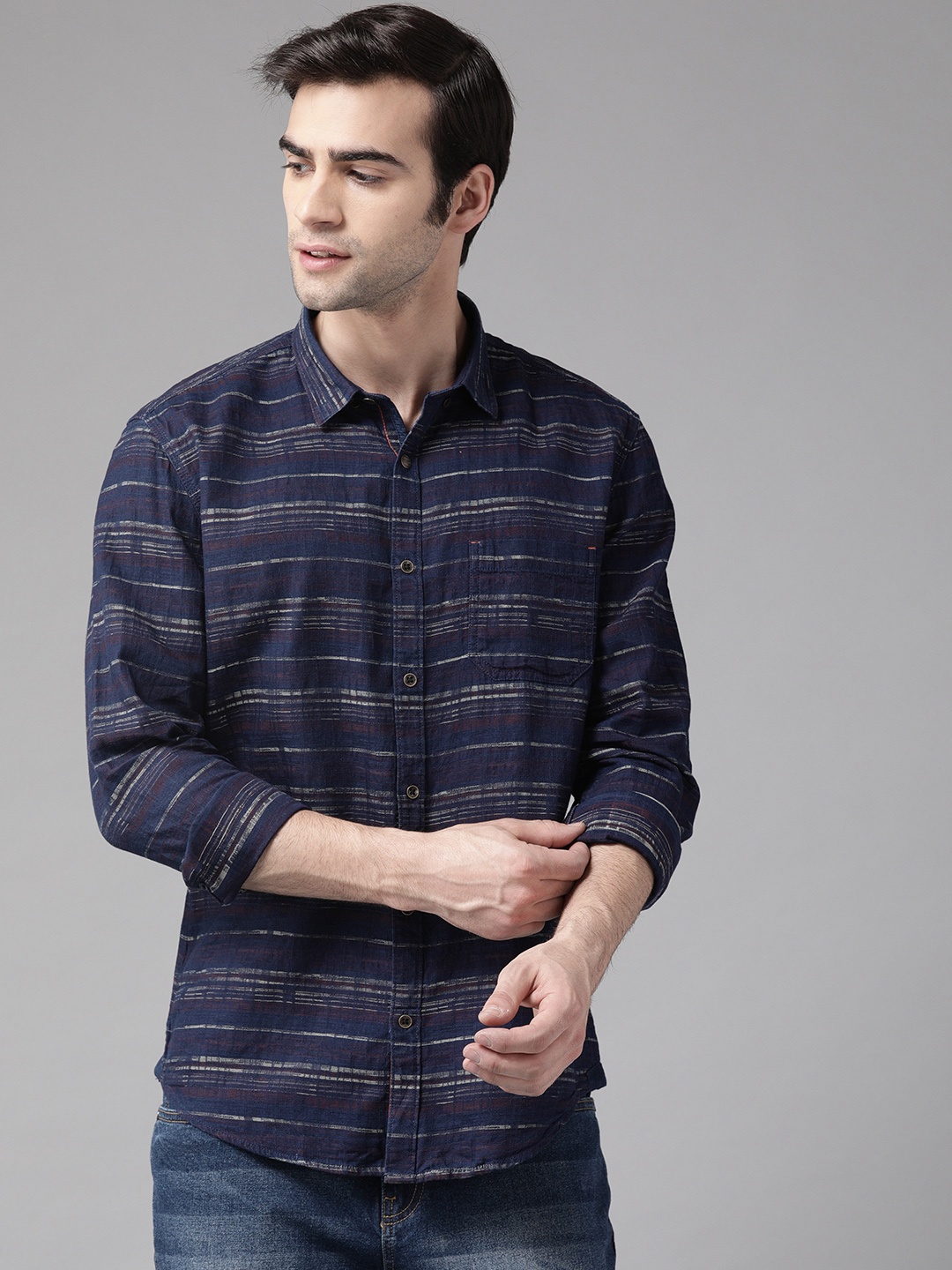 

Blackberrys Men Navy Blue & Beige Slim Fit Self Striped Casual Shirt