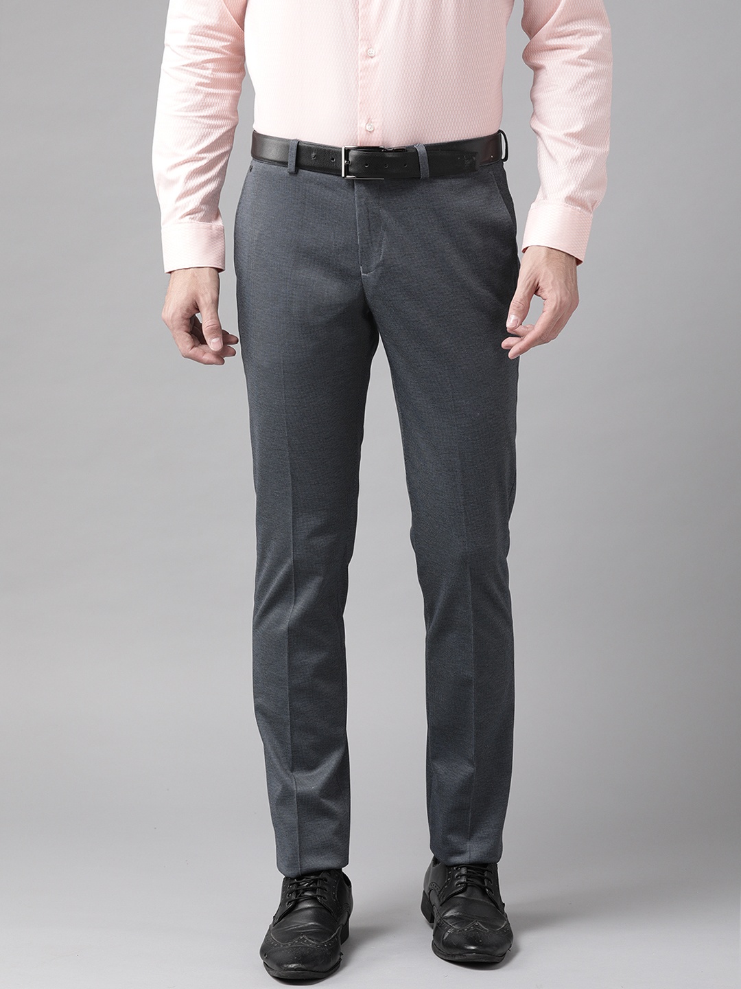 

Blackberrys Men Black & Grey B-95 Sharp Regular Fit Self Design Formal Trousers