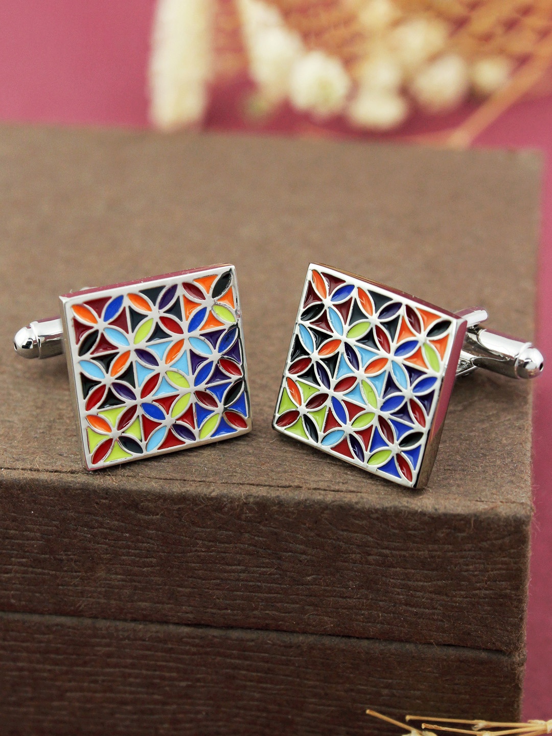 

PELUCHE Multicoloured Rhodium-Plated Enamelled Square Cufflinks, Multi