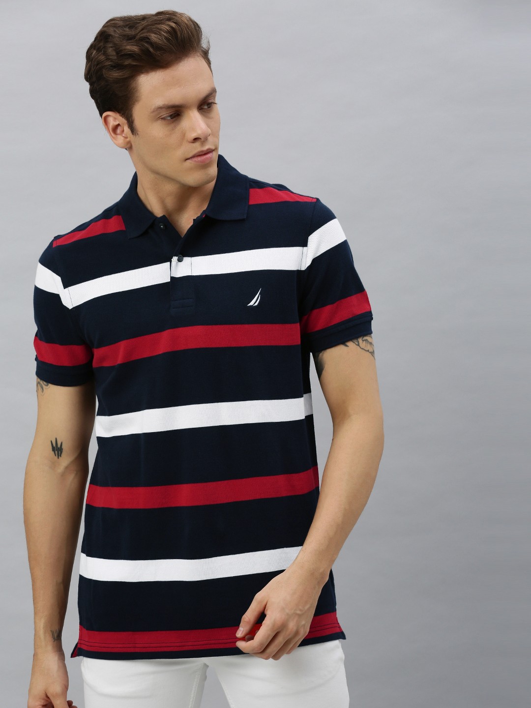 

Nautica Men Navy Blue & Red Striped Polo Collar Pure Cotton T-shirt