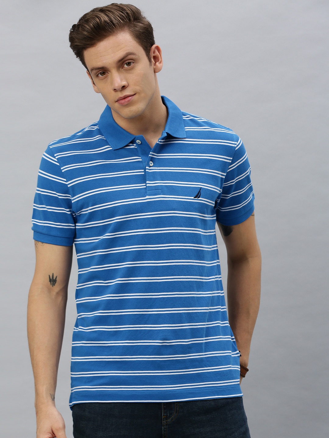 

Nautica Men Blue White Striped Slim Fit Polo Collar Pure Cotton T-shirt