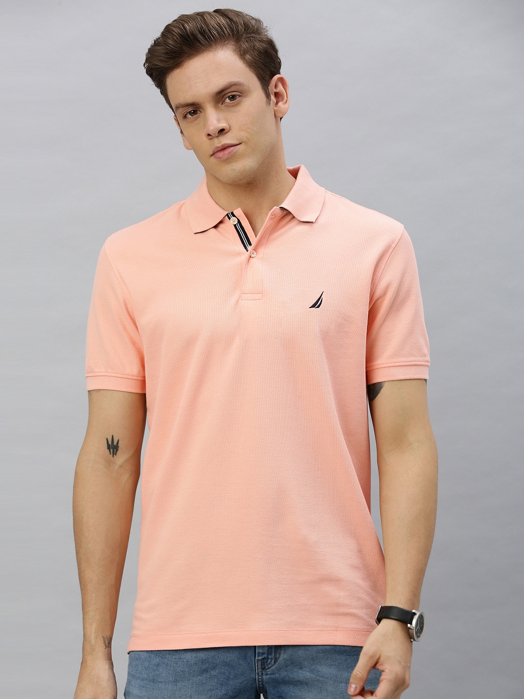 

Nautica Men Pink Solid Polo Collar Pure Cotton T-shirt