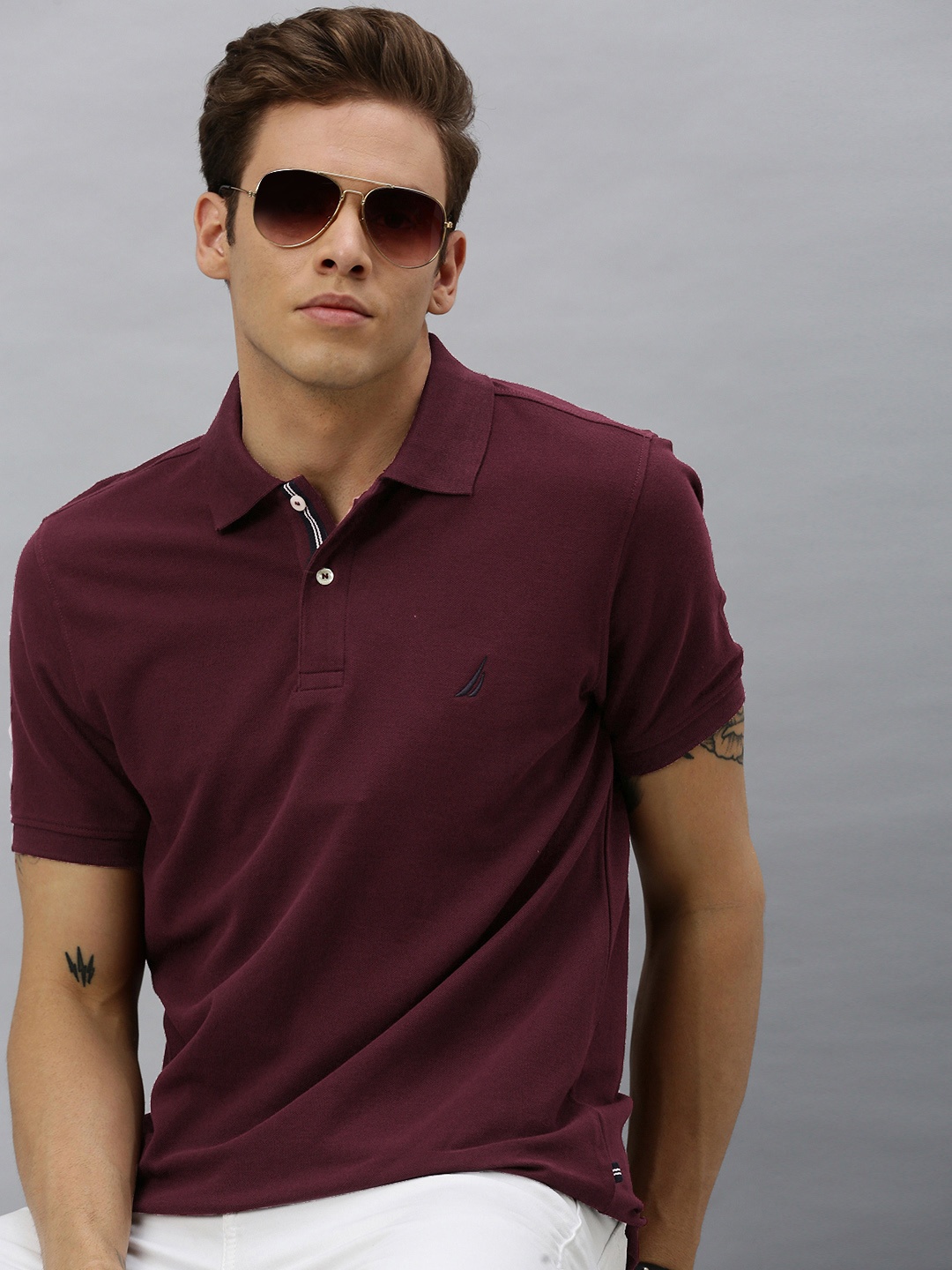 

Nautica Men Maroon Solid Polo Collar Pure Cotton T-shirt