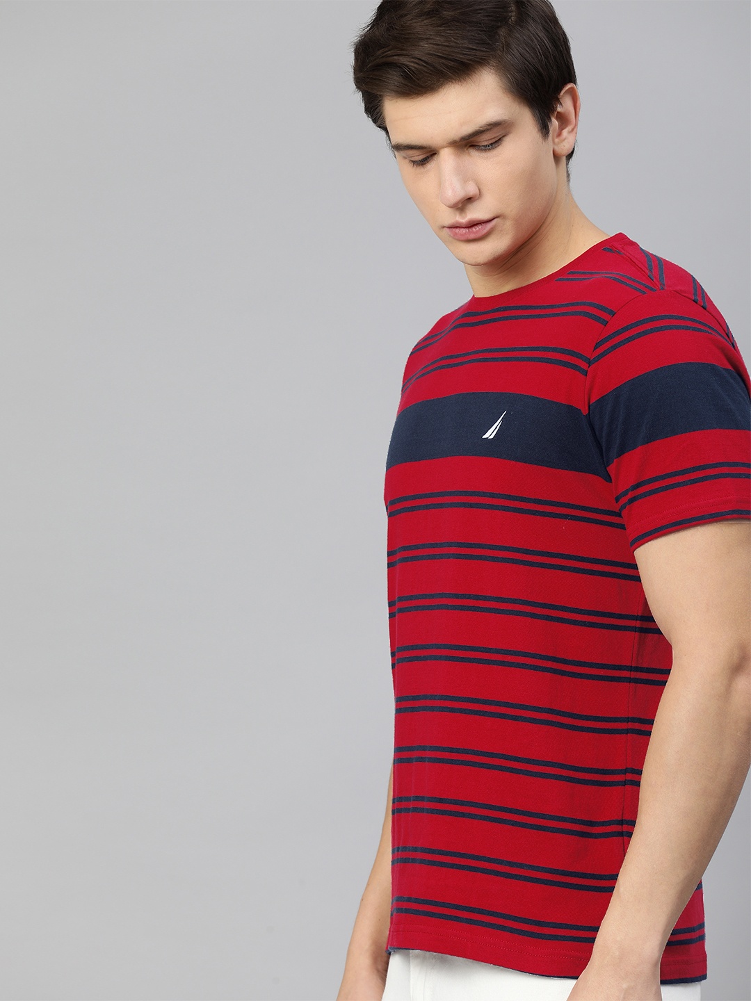 

Nautica Men Red Navy Blue Striped Round Neck Pure Cotton T-shirt