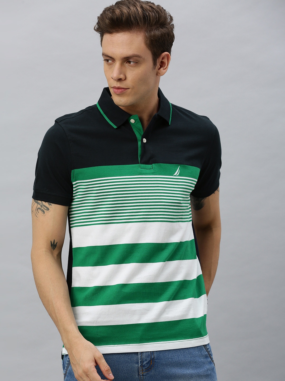 

Nautica Men White Green Striped Polo Collar Pure Cotton T-shirt
