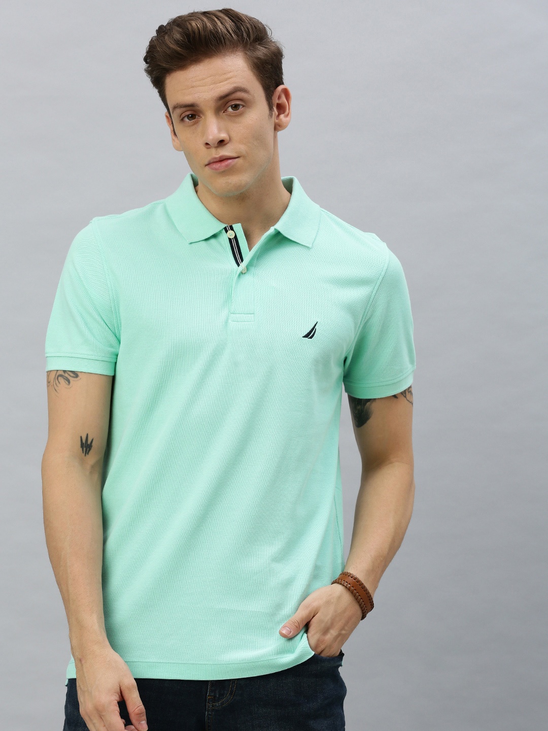 

Nautica Men Sea Green Solid Polo Collar Slim Fit Pure Cotton T-shirt