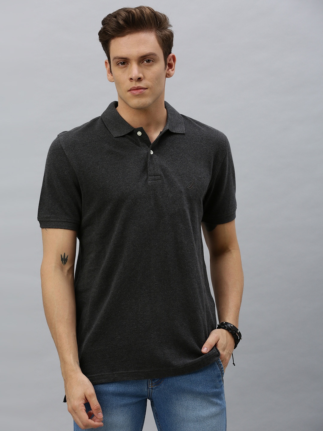 

Nautica Men Black Solid Polo Collar Pure Cotton T-shirt