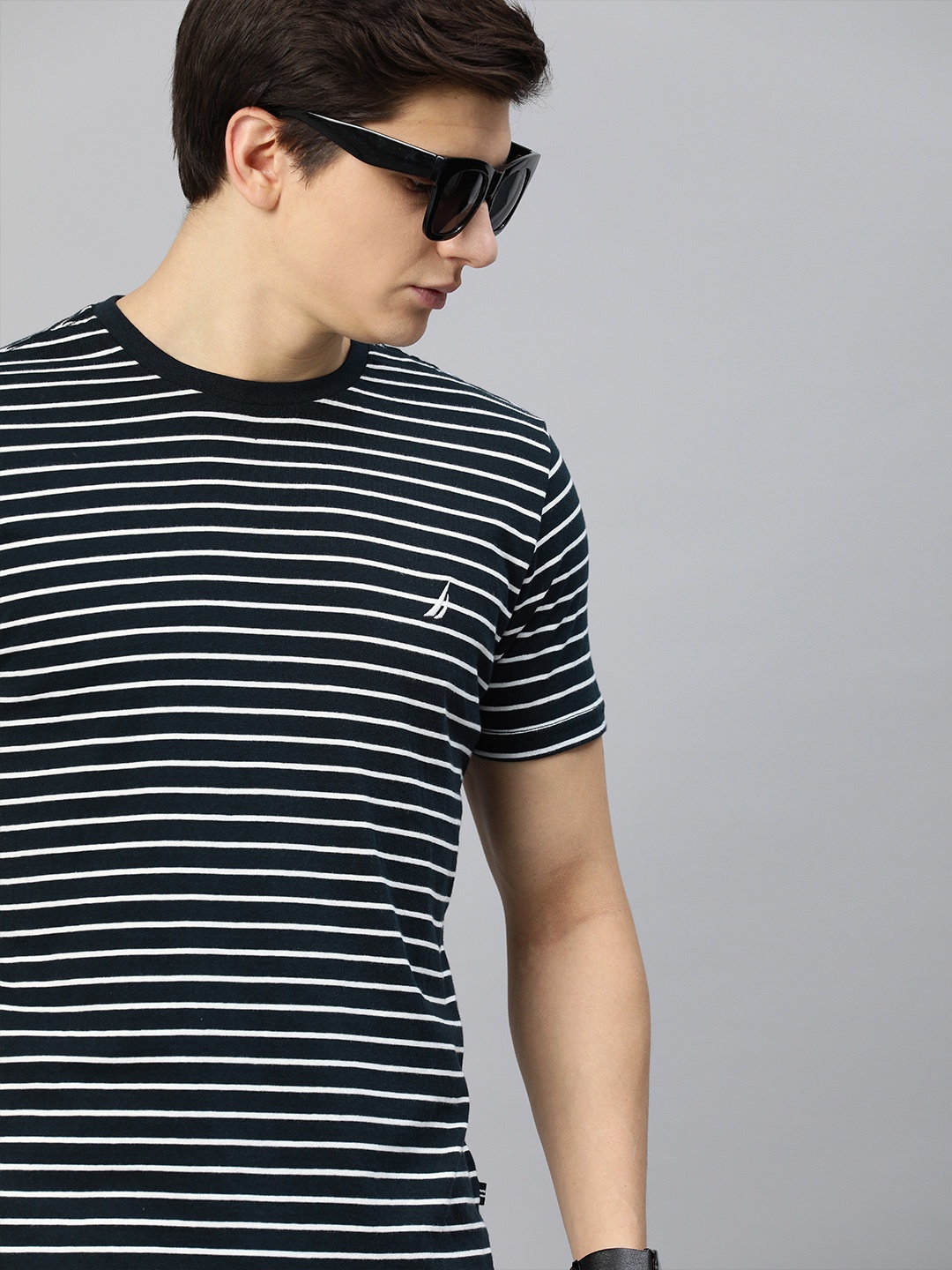 

Nautica Men Navy Blue & White Striped Round Neck Embroidered Pure Cotton T-shirt