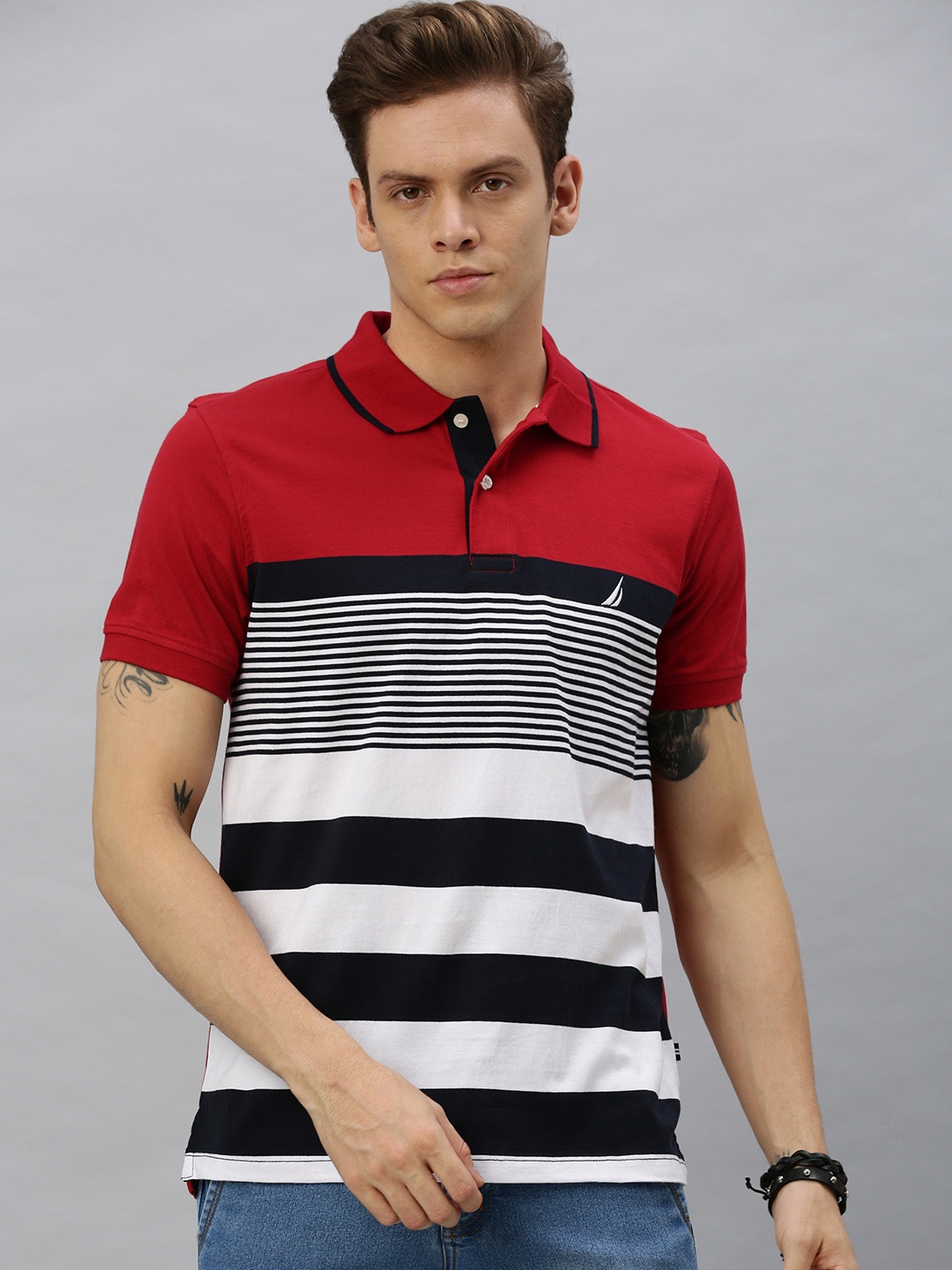 

Nautica Men Red Navy Blue Striped Polo Collar Pure Cotton T-shirt