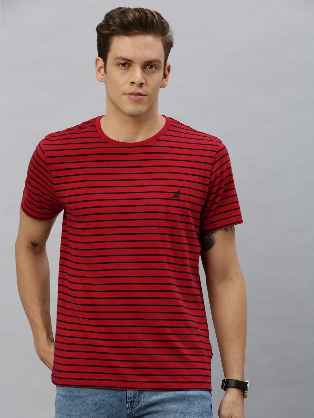

Nautica Men Red & Black Striped Round Neck T-shirt